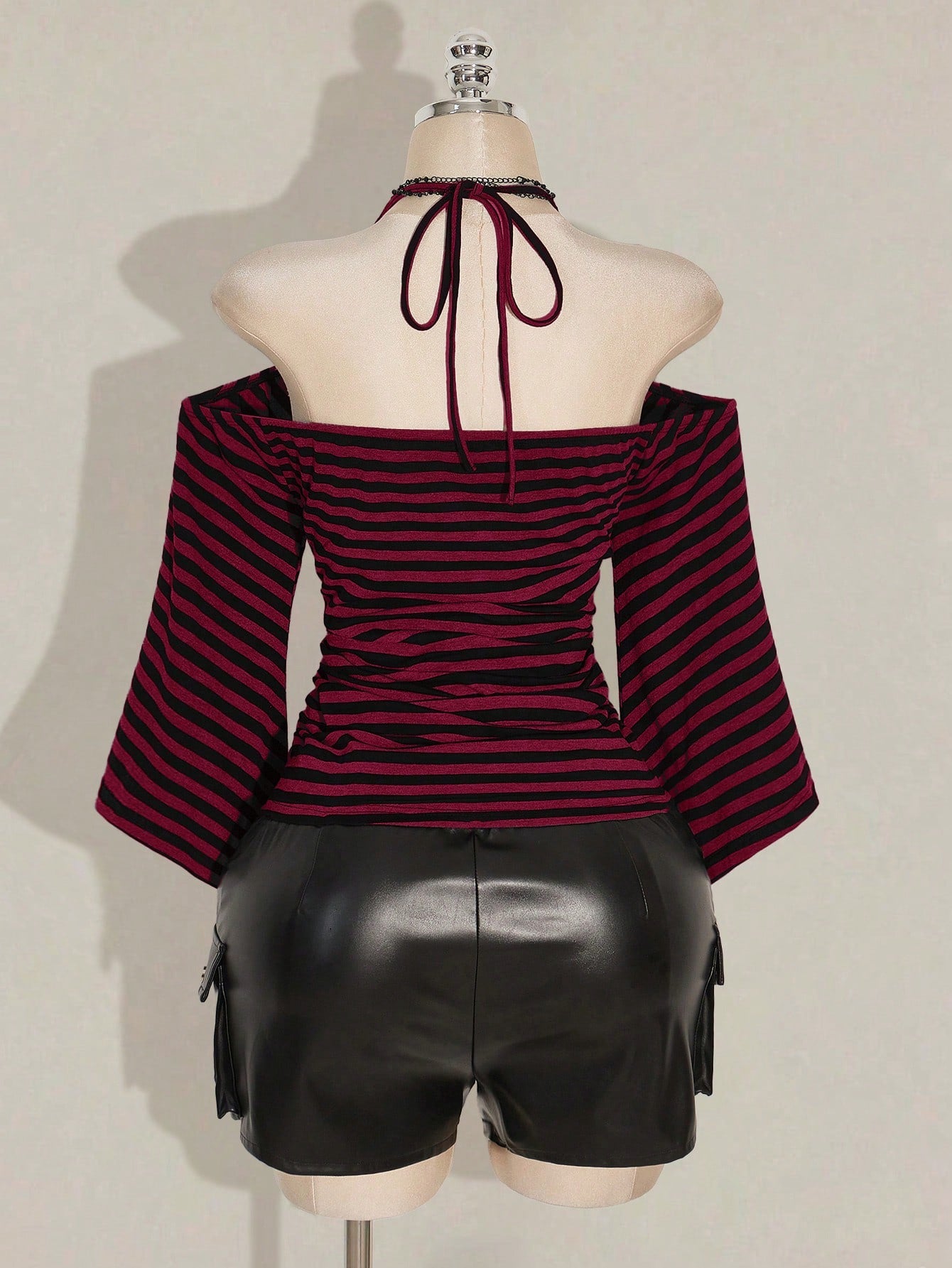 ICON Plus Size Women's Y2K Retro Striped Off-Shoulder Flare Sleeve Halter Neck T-Shirt,Avant-Garde Goth Streetwear Black Autumn Night Out Club Knit Top