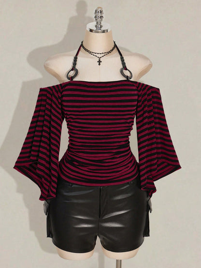 ICON Plus Size Women's Y2K Retro Striped Off-Shoulder Flare Sleeve Halter Neck T-Shirt,Avant-Garde Goth Streetwear Black Autumn Night Out Club Knit Top