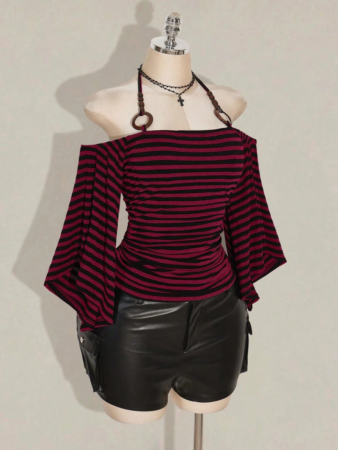 ICON Plus Size Women's Y2K Retro Striped Off-Shoulder Flare Sleeve Halter Neck T-Shirt,Avant-Garde Goth Streetwear Black Autumn Night Out Club Knit Top