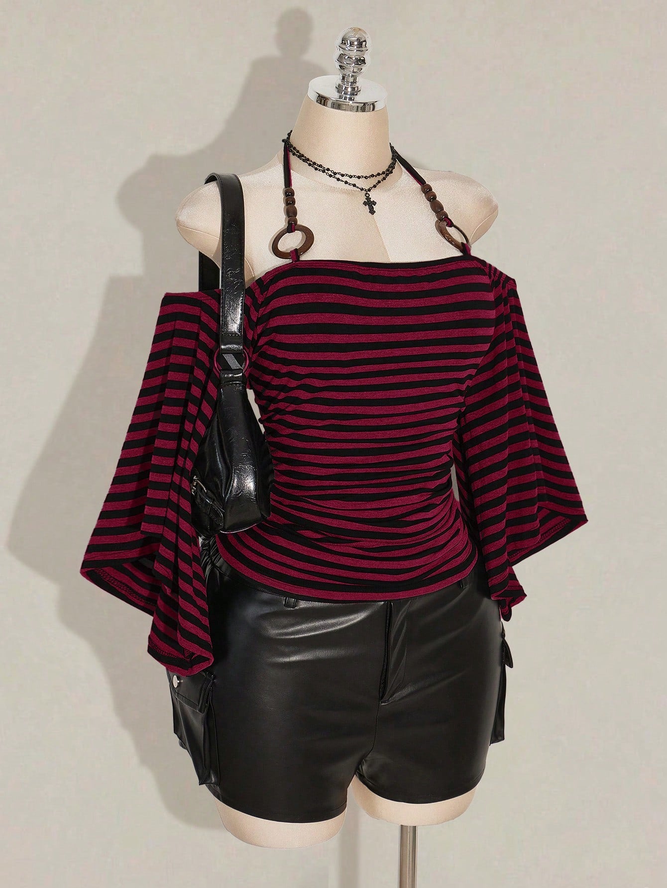 ICON Plus Size Women's Y2K Retro Striped Off-Shoulder Flare Sleeve Halter Neck T-Shirt,Avant-Garde Goth Streetwear Black Autumn Night Out Club Knit Top