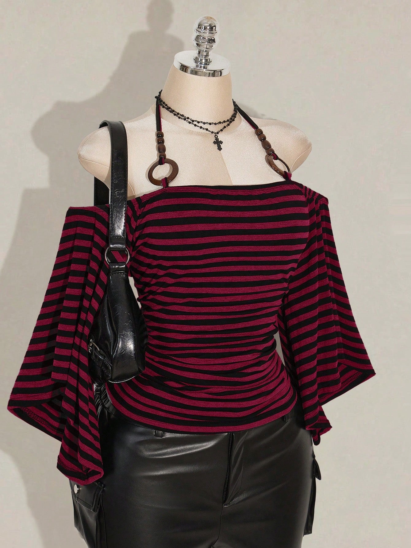 ICON Plus Size Women's Y2K Retro Striped Off-Shoulder Flare Sleeve Halter Neck T-Shirt,Avant-Garde Goth Streetwear Black Autumn Night Out Club Knit Top