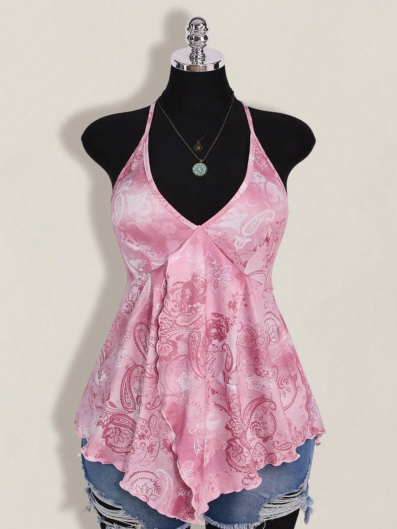ICON Plus Size Women Spring And Summer Vacation Casual Retro Printed Backless Halter Y2k V Neck Western Boho Beach Hippie Babydoll Top