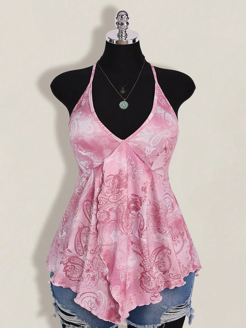ICON Plus Size Women Spring And Summer Vacation Casual Retro Printed Backless Halter Y2k V Neck Western Boho Beach Hippie Babydoll Top