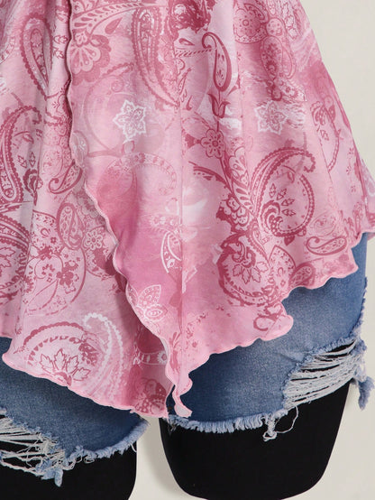 ICON Plus Size Women Spring And Summer Vacation Casual Retro Printed Backless Halter Y2k V Neck Western Boho Beach Hippie Babydoll Top