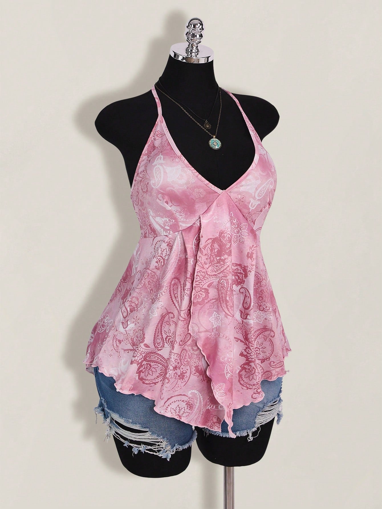ICON Plus Size Women Spring And Summer Vacation Casual Retro Printed Backless Halter Y2k V Neck Western Boho Beach Hippie Babydoll Top