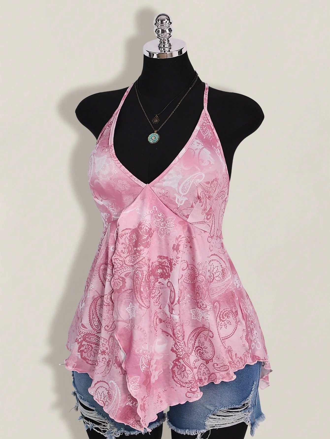 ICON Plus Size Women Spring And Summer Vacation Casual Retro Printed Backless Halter Y2k V Neck Western Boho Beach Hippie Babydoll Top