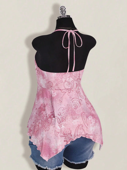 ICON Plus Size Women Spring And Summer Vacation Casual Retro Printed Backless Halter Y2k V Neck Western Boho Beach Hippie Babydoll Top