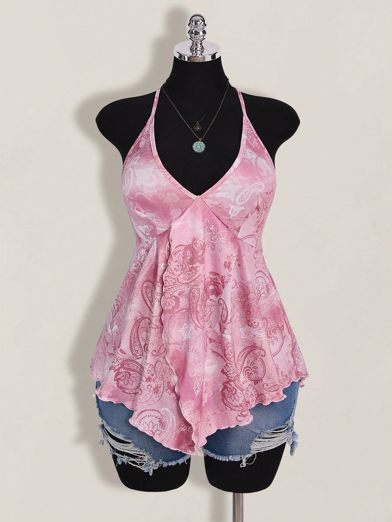 ICON Plus Size Women Spring And Summer Vacation Casual Retro Printed Backless Halter Y2k V Neck Western Boho Beach Hippie Babydoll Top