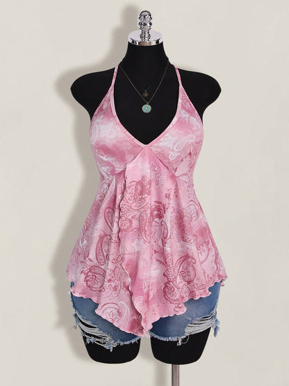 ICON Plus Size Women Spring And Summer Vacation Casual Retro Printed Backless Halter Y2k V Neck Western Boho Beach Hippie Babydoll Top