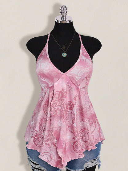 ICON Plus Size Women Spring And Summer Vacation Casual Retro Printed Backless Halter Y2k V Neck Western Boho Beach Hippie Babydoll Top