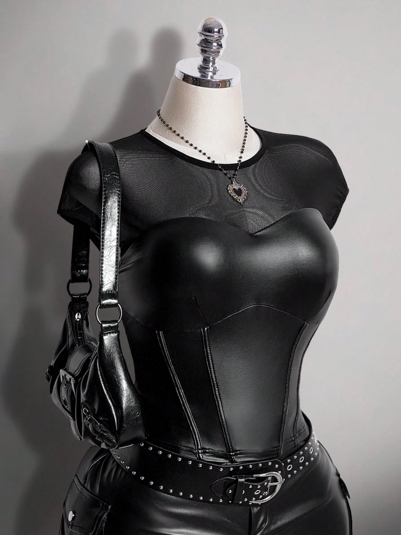 ICON Plus Size Y2K Mesh Patchwork PU Material Short Sleeve Cinched Waist T-Shirt
