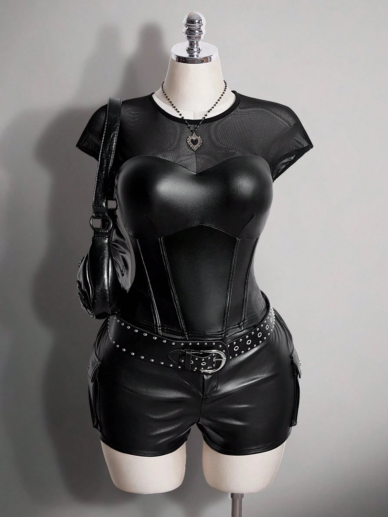 ICON Plus Size Y2K Mesh Patchwork PU Material Short Sleeve Cinched Waist T-Shirt