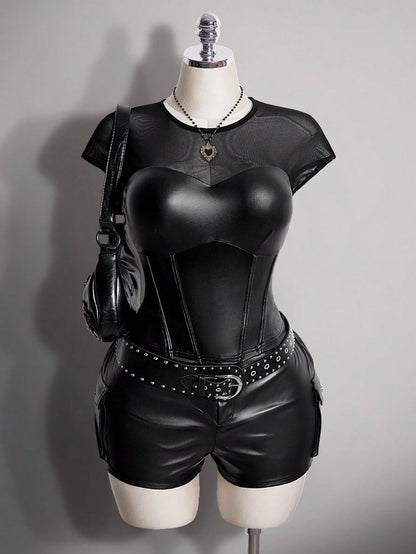ICON Plus Size Y2K Mesh Patchwork PU Material Short Sleeve Cinched Waist T-Shirt