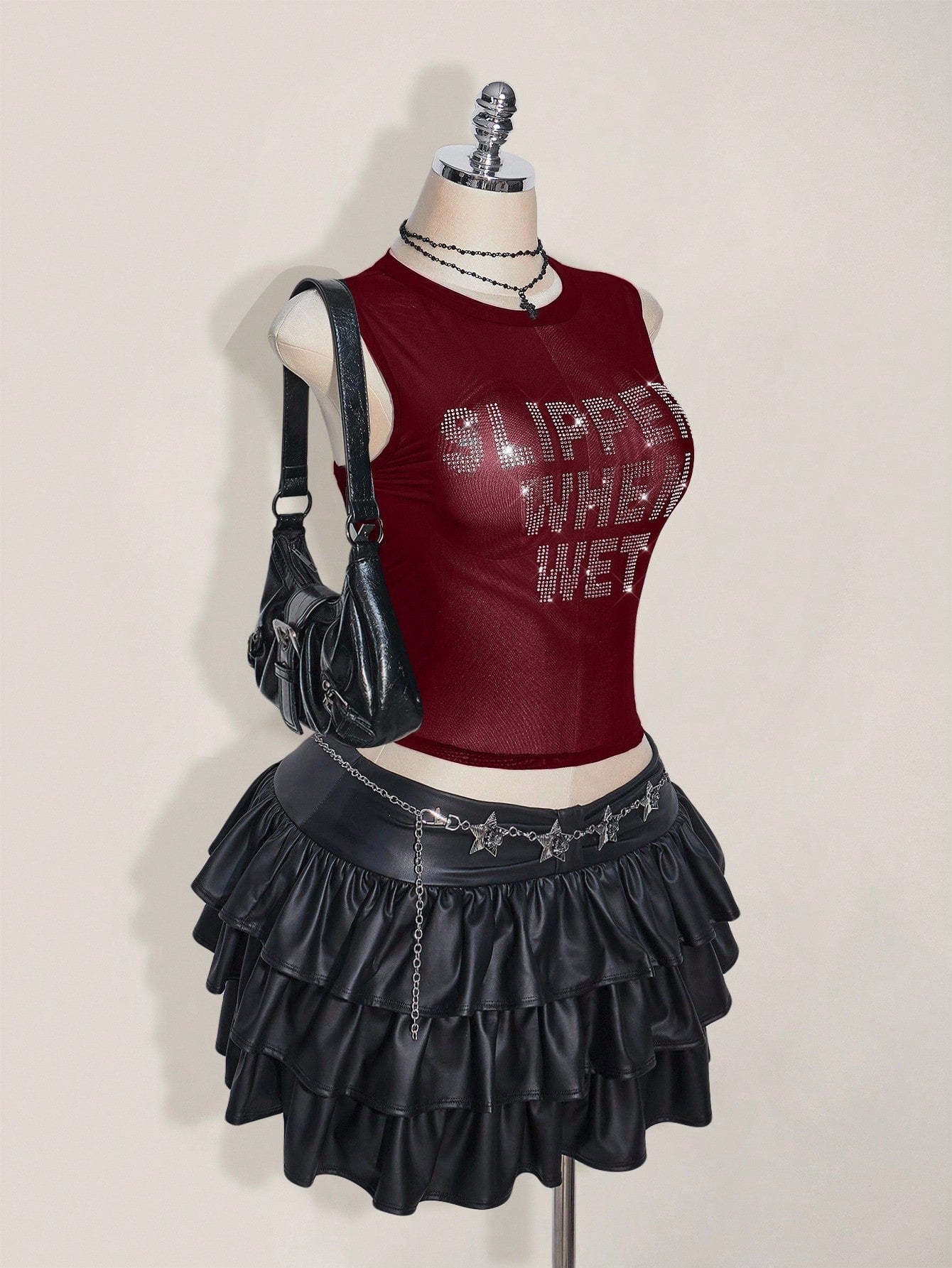 ICON Plus Size Y2k Summer Black Mesh Sheer Sexy Rhinestone Glitter Women's Rhinestone Letter Mesh Backless Tight Camisole