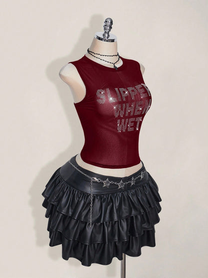ICON Plus Size Y2k Summer Black Mesh Sheer Sexy Rhinestone Glitter Women's Rhinestone Letter Mesh Backless Tight Camisole