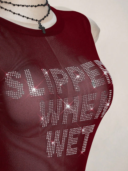 ICON Plus Size Y2k Summer Black Mesh Sheer Sexy Rhinestone Glitter Women's Rhinestone Letter Mesh Backless Tight Camisole
