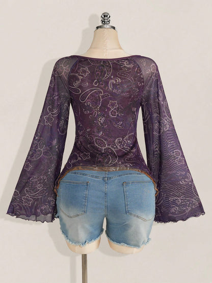 ICON Women's Bohemian Holiday Paisley Print T-Shirt, Asymmetric Hem, Bell Sleeves, Vintage Y2k, Fall