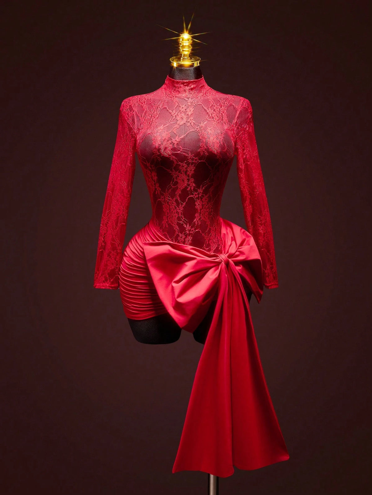 ICON Women's Fashion Sexy Contrast Lace Bow Decor Sheer Red Formal Vacation Wedding Birthday Valentines Day Party Date Nigh Mini Dress