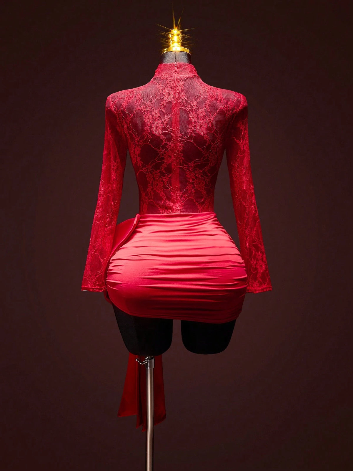 ICON Women's Fashion Sexy Contrast Lace Bow Decor Sheer Red Formal Vacation Wedding Birthday Valentines Day Party Date Nigh Mini Dress