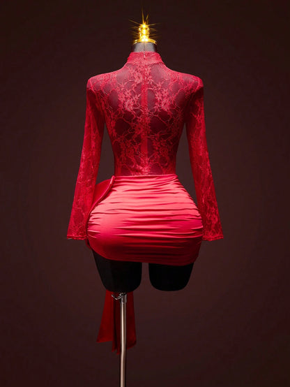 ICON Women's Fashion Sexy Contrast Lace Bow Decor Sheer Red Formal Vacation Wedding Birthday Valentines Day Party Date Nigh Mini Dress