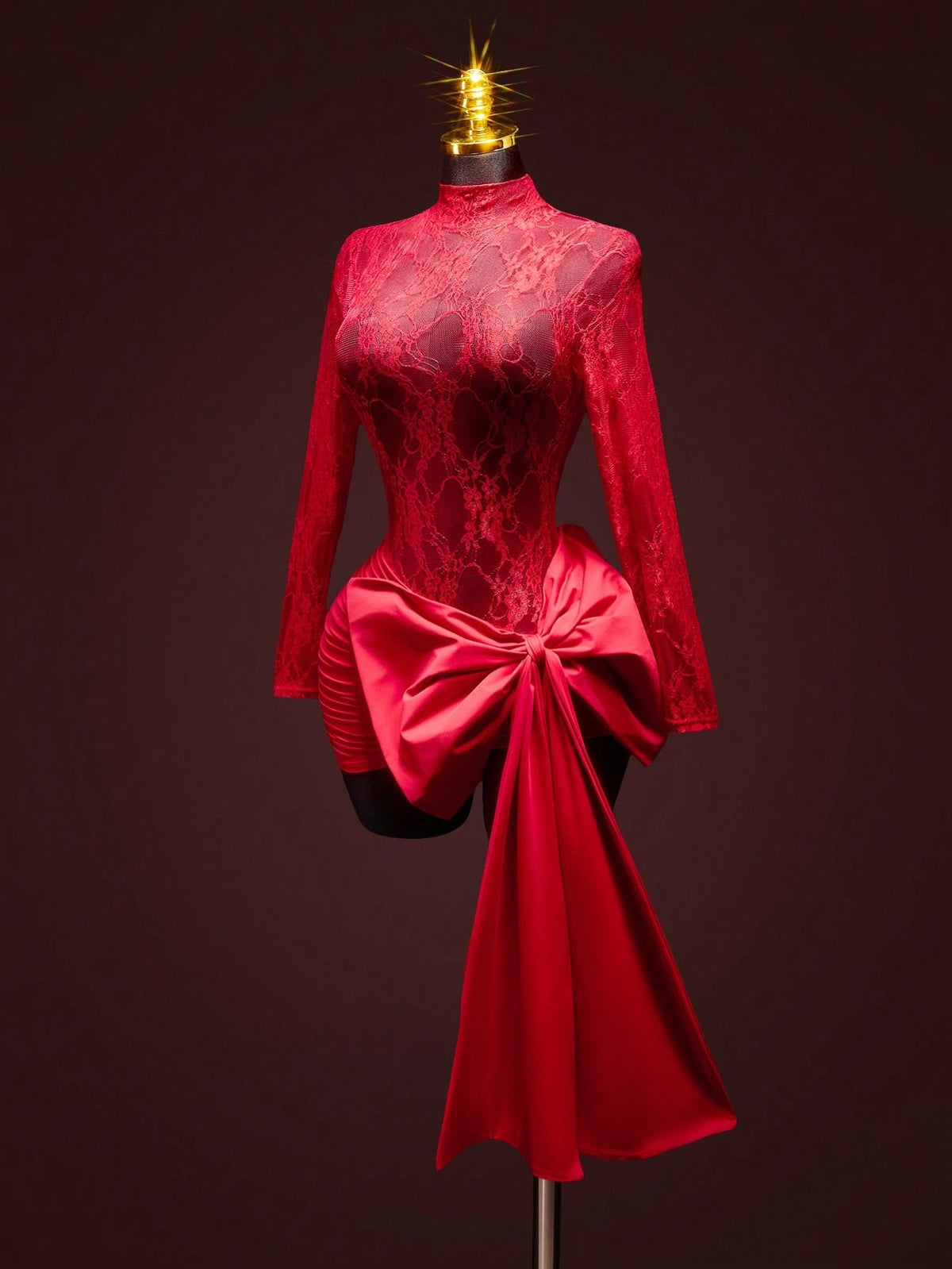 ICON Women's Fashion Sexy Contrast Lace Bow Decor Sheer Red Formal Vacation Wedding Birthday Valentines Day Party Date Nigh Mini Dress