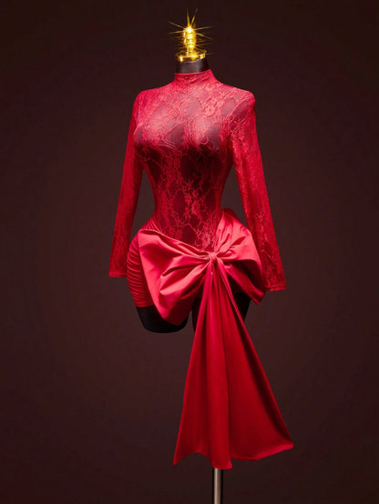ICON Women's Fashion Sexy Contrast Lace Bow Decor Sheer Red Formal Vacation Wedding Birthday Valentines Day Party Date Nigh Mini Dress