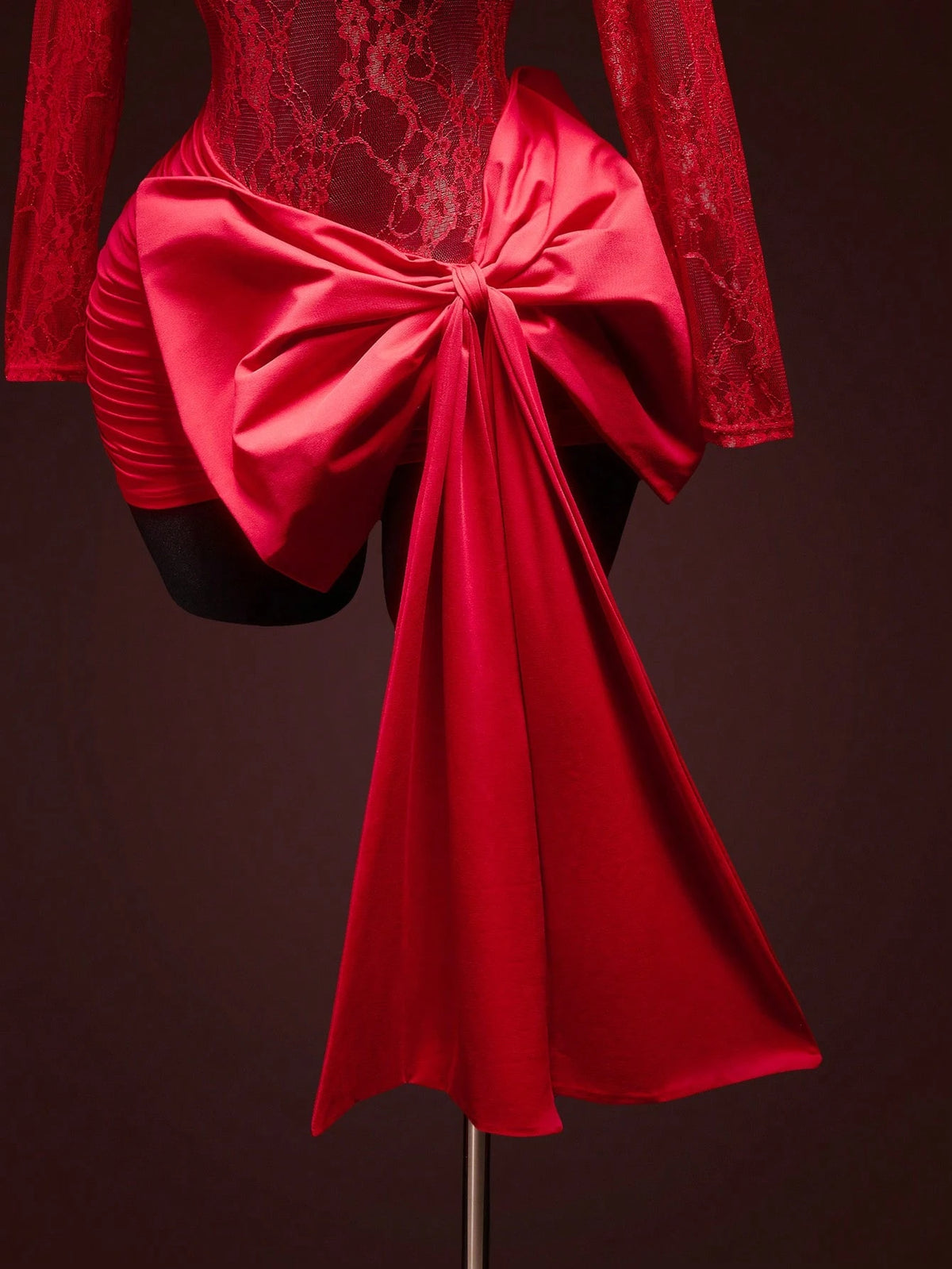ICON Women's Fashion Sexy Contrast Lace Bow Decor Sheer Red Formal Vacation Wedding Birthday Valentines Day Party Date Nigh Mini Dress