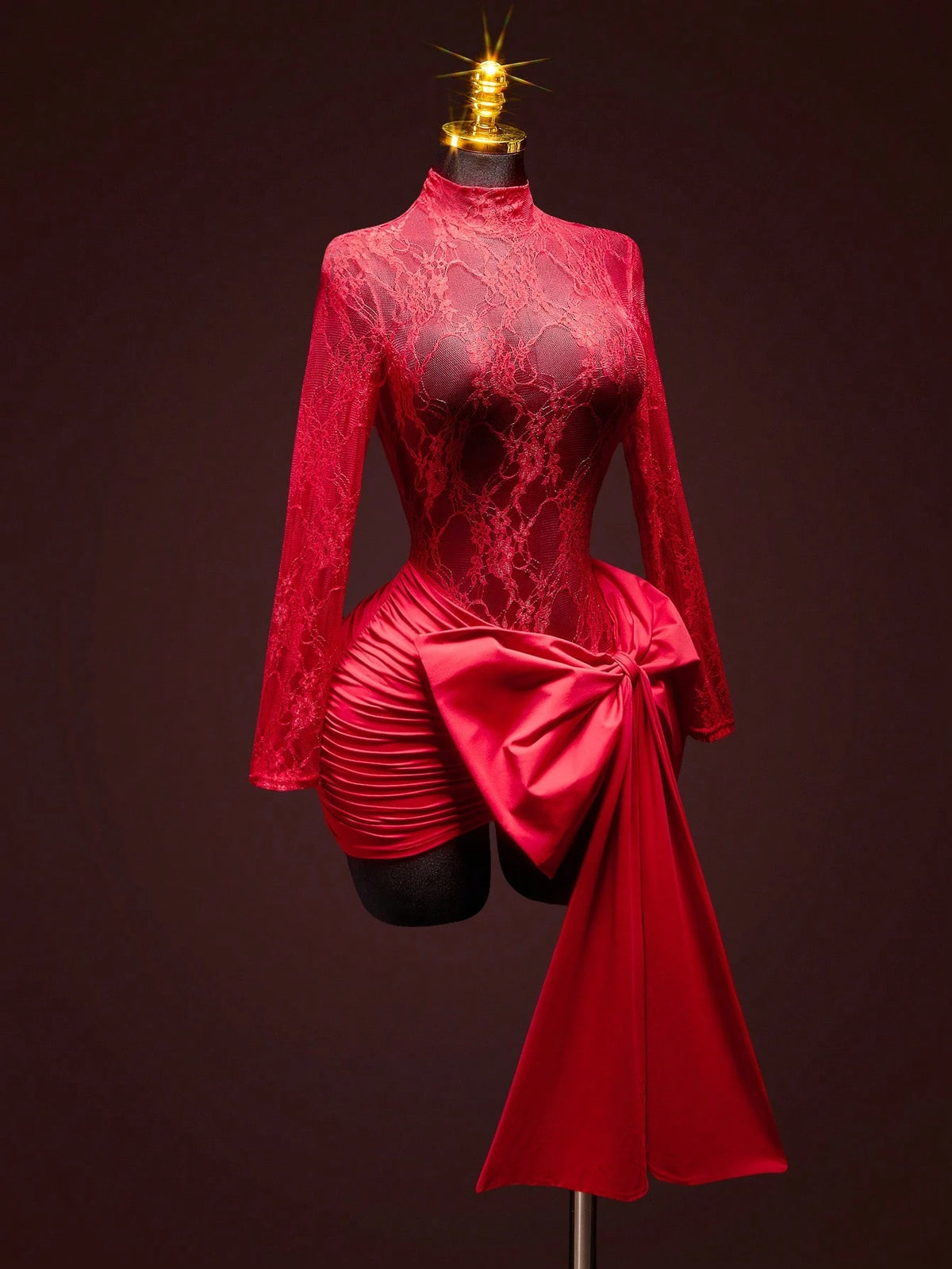 ICON Women's Fashion Sexy Contrast Lace Bow Decor Sheer Red Formal Vacation Wedding Birthday Valentines Day Party Date Nigh Mini Dress