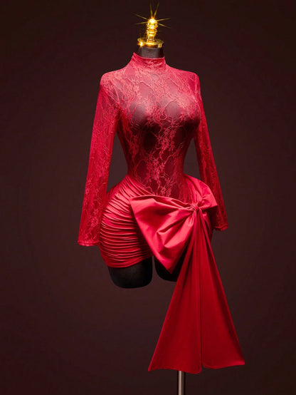 ICON Women's Fashion Sexy Contrast Lace Bow Decor Sheer Red Formal Vacation Wedding Birthday Valentines Day Party Date Nigh Mini Dress