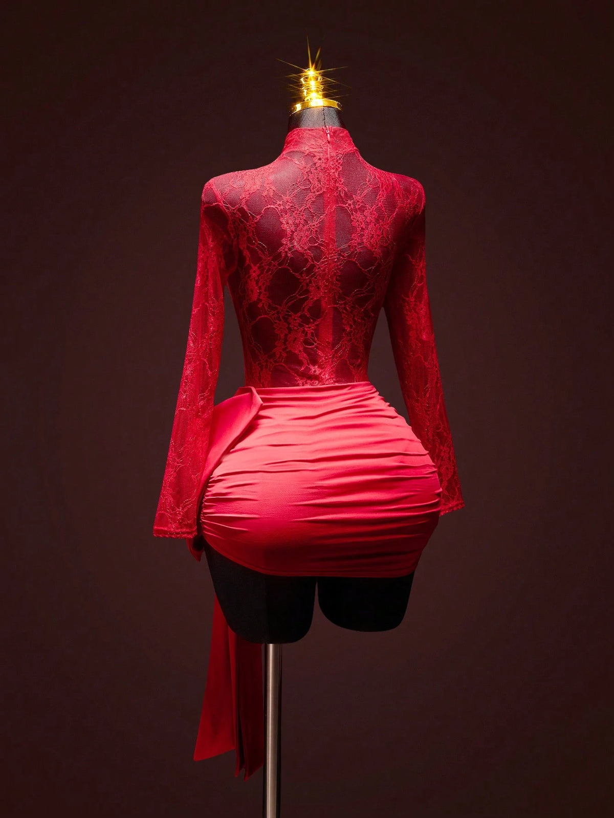 ICON Women's Fashion Sexy Contrast Lace Bow Decor Sheer Red Formal Vacation Wedding Birthday Valentines Day Party Date Nigh Mini Dress