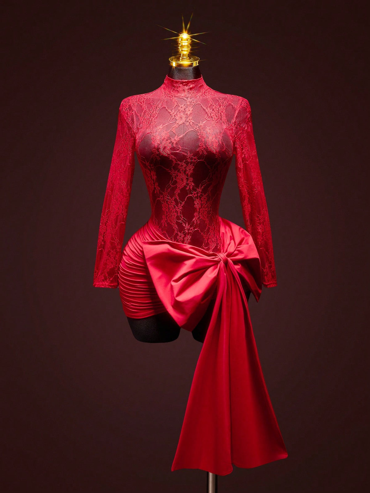 ICON Women's Fashion Sexy Contrast Lace Bow Decor Sheer Red Formal Vacation Wedding Birthday Valentines Day Party Date Nigh Mini Dress