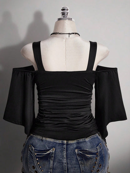 ICON Women's Plus Size Retro Traditional Sexy Goth Y2K Black T-Shirt, Coconut Shell Circle Ruffled Short Sleeve Gathered Waist Slim Fit Top, Summer Concert