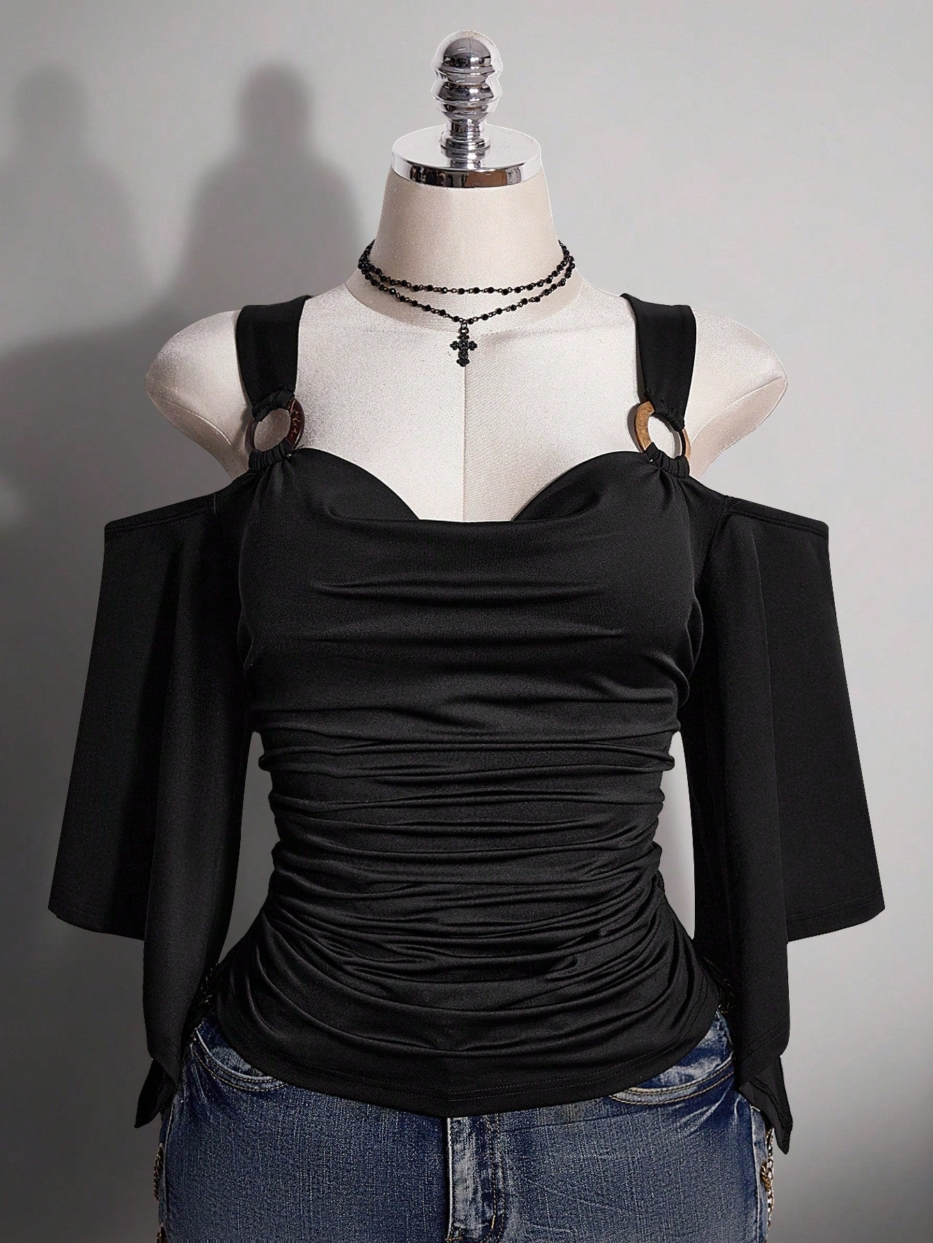 ICON Women's Plus Size Retro Traditional Sexy Goth Y2K Black T-Shirt, Coconut Shell Circle Ruffled Short Sleeve Gathered Waist Slim Fit Top, Summer Concert