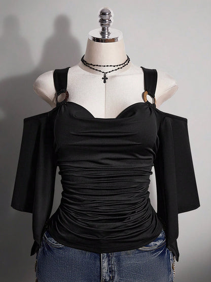 ICON Women's Plus Size Retro Traditional Sexy Goth Y2K Black T-Shirt, Coconut Shell Circle Ruffled Short Sleeve Gathered Waist Slim Fit Top, Summer Concert
