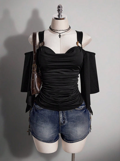ICON Women's Plus Size Retro Traditional Sexy Goth Y2K Black T-Shirt, Coconut Shell Circle Ruffled Short Sleeve Gathered Waist Slim Fit Top, Summer Concert