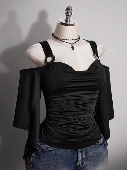 ICON Women's Plus Size Retro Traditional Sexy Goth Y2K Black T-Shirt, Coconut Shell Circle Ruffled Short Sleeve Gathered Waist Slim Fit Top, Summer Concert