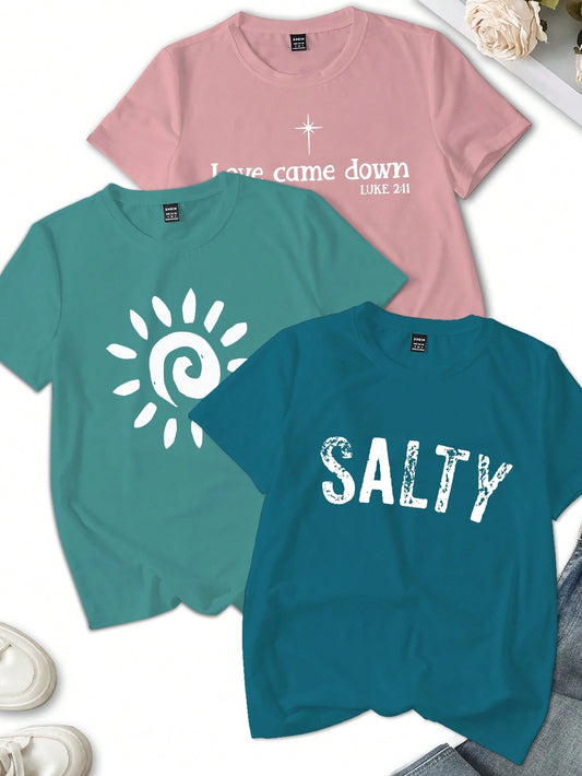 INAWLY 3pcs/Set Summer Casual Cosmic Sun Pattern Print Short Sleeve Round Neck Women Tee Top For Vacation