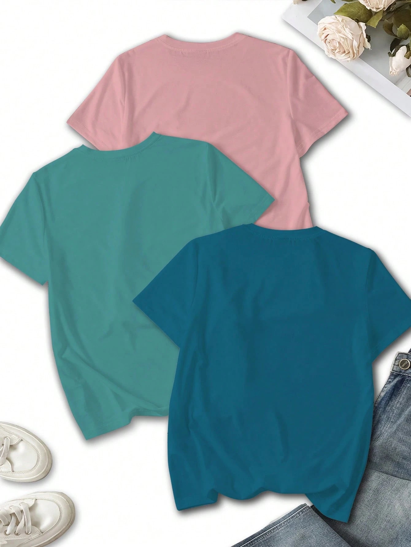 INAWLY 3pcs/Set Summer Casual Cosmic Sun Pattern Print Short Sleeve Round Neck Women Tee Top For Vacation