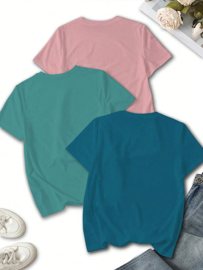 INAWLY 3pcs/Set Summer Casual Cosmic Sun Pattern Print Short Sleeve Round Neck Women Tee Top For Vacation
