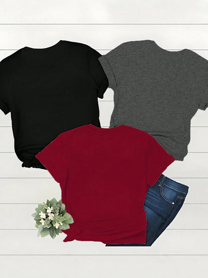 INAWLY 3pcs/Set Summer Casual Cosmic Sun Pattern Print Short Sleeve Round Neck Women Tee Top For Vacation