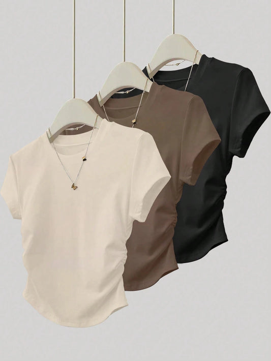 INAWLY 3pcs Women Fitted Ruched T-Shirt Set,All Shades Of Brown,Summer,Casual,Everyday,Short Sleeve Outdoor Tops,Champagne,Mocha Brown,Black,Back To School