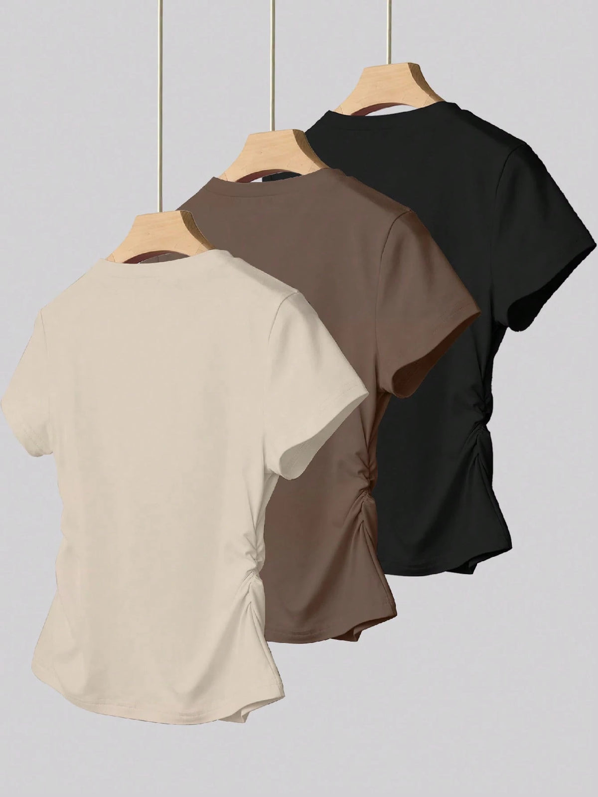 INAWLY 3pcs Women Fitted Ruched T-Shirt Set,All Shades Of Brown,Summer,Casual,Everyday,Short Sleeve Outdoor Tops,Champagne,Mocha Brown,Black,Back To School