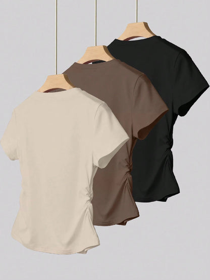 INAWLY 3pcs Women Fitted Ruched T-Shirt Set,All Shades Of Brown,Summer,Casual,Everyday,Short Sleeve Outdoor Tops,Champagne,Mocha Brown,Black,Back To School