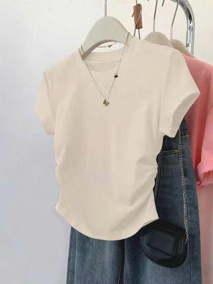 INAWLY 3pcs Women Fitted Ruched T-Shirt Set,All Shades Of Brown,Summer,Casual,Everyday,Short Sleeve Outdoor Tops,Champagne,Mocha Brown,Black,Back To School
