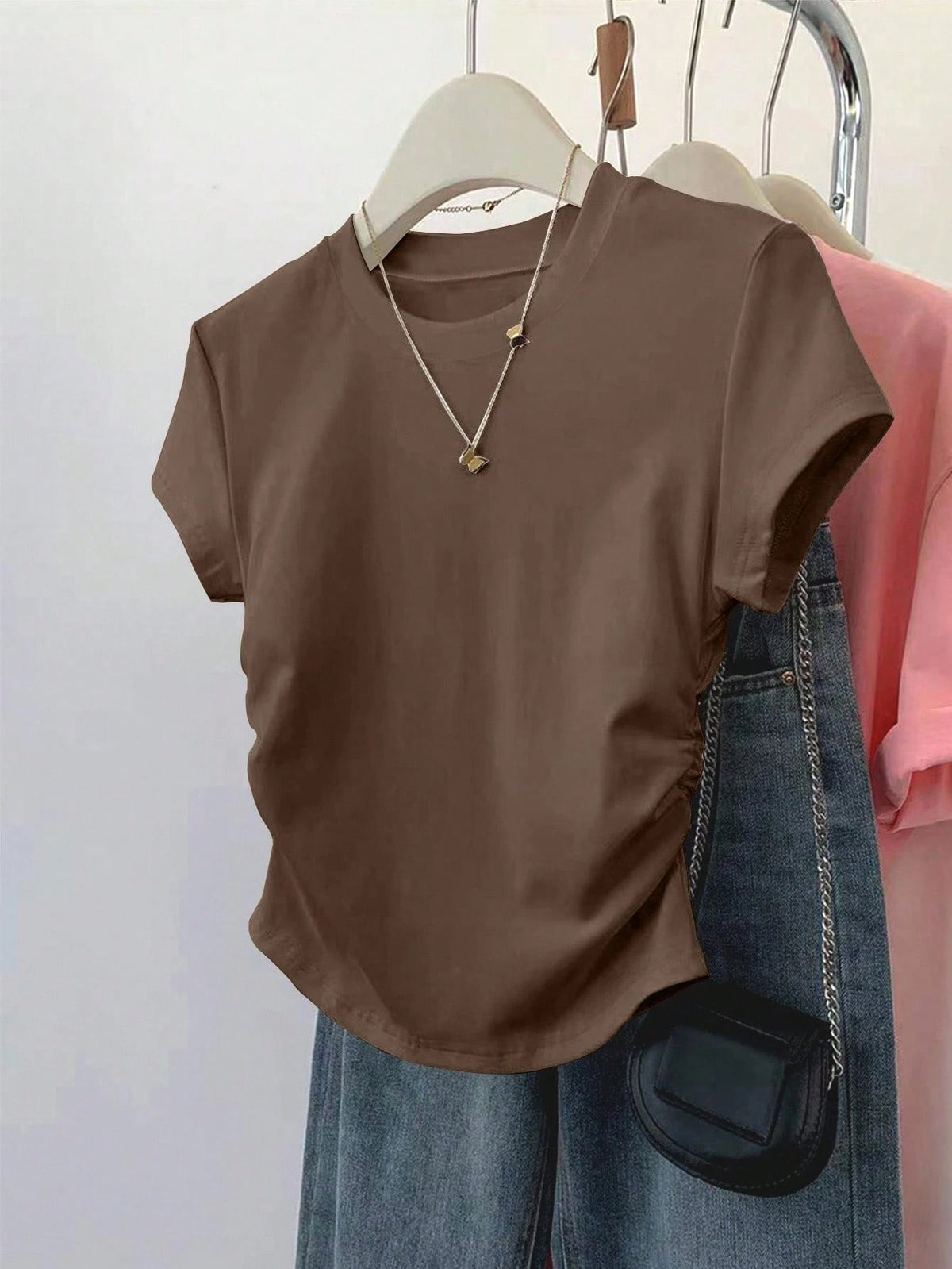 INAWLY 3pcs Women Fitted Ruched T-Shirt Set,All Shades Of Brown,Summer,Casual,Everyday,Short Sleeve Outdoor Tops,Champagne,Mocha Brown,Black,Back To School