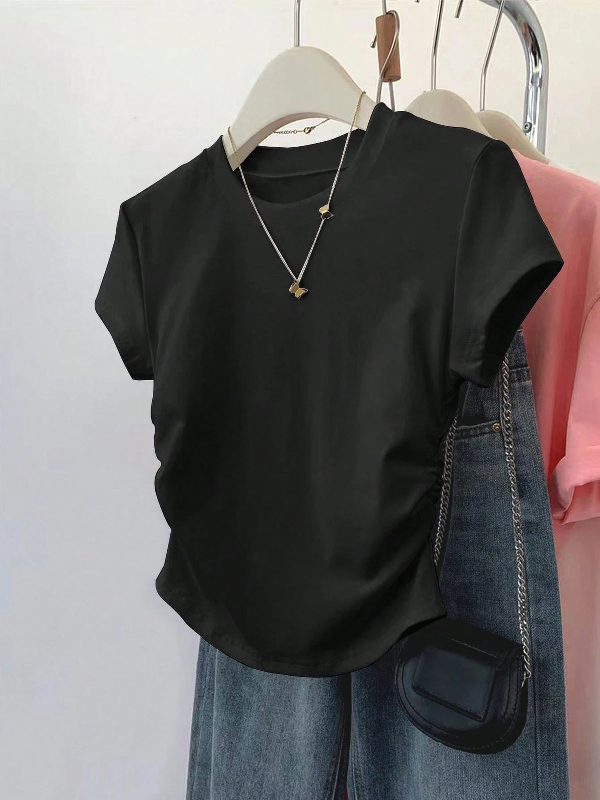 INAWLY 3pcs Women Fitted Ruched T-Shirt Set,All Shades Of Brown,Summer,Casual,Everyday,Short Sleeve Outdoor Tops,Champagne,Mocha Brown,Black,Back To School