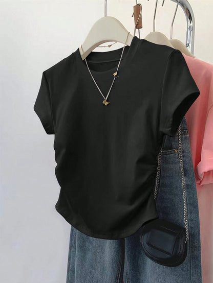 INAWLY 3pcs Women Fitted Ruched T-Shirt Set,All Shades Of Brown,Summer,Casual,Everyday,Short Sleeve Outdoor Tops,Champagne,Mocha Brown,Black,Back To School