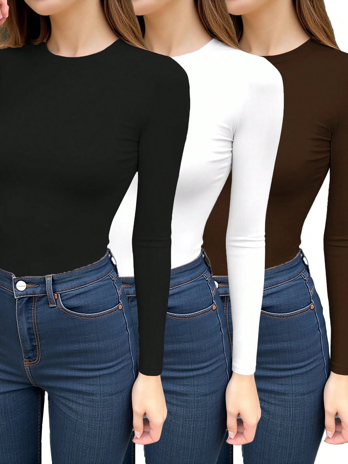 INAWLY 3pcs Women's Solid Color Fitted Long Sleeve Crew Neck T-Shirts