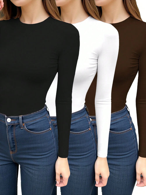 INAWLY 3pcs Women's Solid Color Fitted Long Sleeve Crew Neck T-Shirts