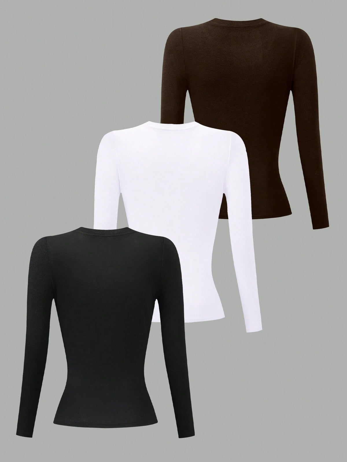INAWLY 3pcs Women's Solid Color Fitted Long Sleeve Crew Neck T-Shirts